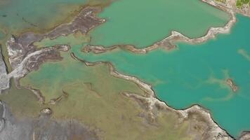 Drone view of the turquoise lake formed as a result of mining waste video