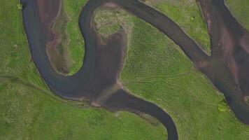 View from the drone vertically down to the green fields and the river. video