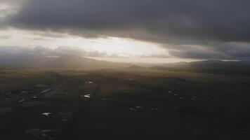 A view from a drone of a beautiful sunset in the valleys with the river video