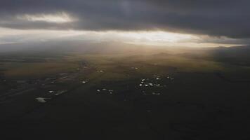 A view from a drone of a beautiful sunset in the valleys with the river video