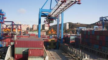 Drone view of the cargo terminal with cargo ships video