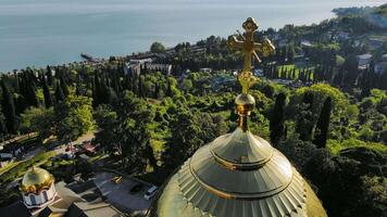 Beautiful Orthodox New Athos Monastery with golden domes in the New Athos video