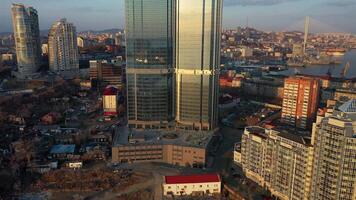 Drone view of a modern skyscraper located in the center of Vladivostok video