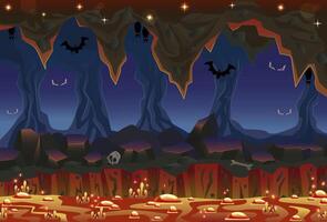Magic cave or cavern landscape with bats, lava and rocks in mountain, fantasy game background, adventure and Halloween concept, cartoon illustration vector