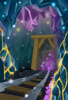 Old mine with rails and tunnel in mountain, underground cave or cavern scene with gems and crystals, fantasy game background, adventure concept, vertical cartoon illustration vector