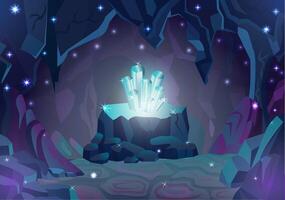 Magic underground cave or cavern landscape with gems, crystals and rocks around in mountain, fantasy game background, adventure concept, cartoon illustration vector