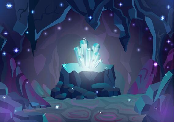 Magic underground cave or cavern landscape with gems, crystals and rocks around in mountain, fantasy game background, adventure concept, cartoon illustration