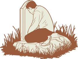 man kneeling in front of the grave vector