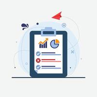 Clipboard illustration of analysis list with plane paper. Document with a sales schedule. Statistics, rise. Sales curve. Report sheet. Check mark vector