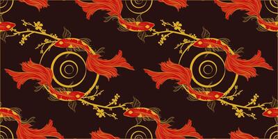 banner with traditional Chinese elements and ornament. Koi carp in gold color black red background with peony flowers. Chinese background.fish koi japanese chinese design sketch ink paint style vector