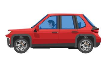 Concept illustration of detailed side of cross over car red color with driving man. Can see interior of car from transparent glass. on isolated white background. vector