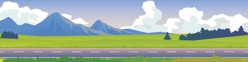 Horizontal and landscape asphalt road. Meadow green fields with clumps of trees. Background of mountain and evening sky. or Illustration transport and nature background for banner. vector