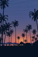 Silhouetted coconut palm trees at the beach with twilight sky vertical background graphic illustration have blank space. vector