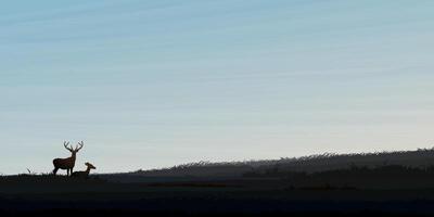 Minimalist hill landscape in the morning with silhouetted deers graphic illustration have blank space. vector