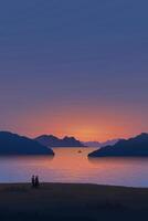 Seascape with silhouetted of lover at cliff, mountains, island and fishing boat have twilight sky vertical background graphic illustration have blank space. vector
