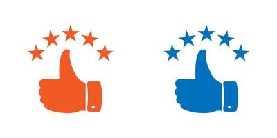 Customer review rating with 5 stars and thumb up feedback. Five star rating badge, review rating icon. vector
