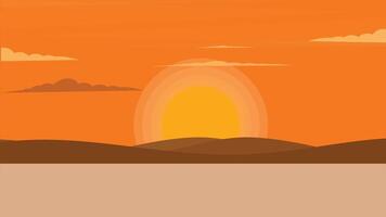 Sunset ocean view with mountains and sky flat illustration vector