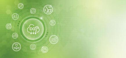 CO2 or carbon concept with icons on green background. co2 emission using clean energy and limit global warming. renewable energy, planting tree. design. vector