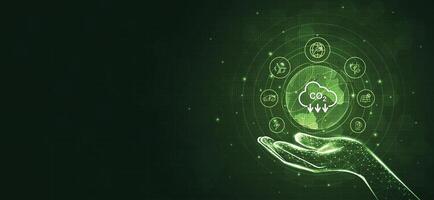 Hand holding with tree and icons of reducing CO2 emissions, ESG, net zero. energy saving concept. save our planet, world environment day, world earth day. sustainable development and green business. vector