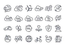 Co2, carbon line icons. contains such icons as tree planting, net zero, and reduced carbon dioxide. sustainable development. concepts and renewable energy businesses. design. vector