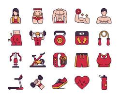 Gym and fitness icon set in line color style vector