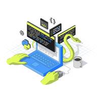 Concept of computer Programming with Human Hands in Isometric style. A Python Snake is peeking out from behind the monitor. Minimalistic Axonometric Interface. 3d illustration in different dimensions vector