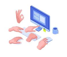 Illustration Collection of Hands Using Computer. Arm Holding a computer Mouse. Set of Isometric Hands. Finger Presses the Button. The Hand makes an ok Gesture vector