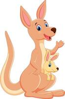 Happy Mother Kangaroo With Her Little Cute Baby Kangaroo. vector