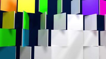White screen transition changing to background of different colored squares that rotate 180 degrees randomly. 3D Animation video