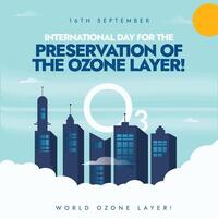 Ozone Layer Preservation Day. 16th September ozone day care awareness post with clouds, buildings and ozone layer O3 at the background. Protect Environment. vector