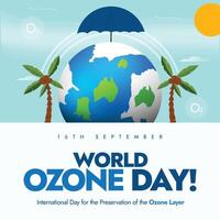 World Ozone Day. International Day for the Preservation of the ozone layer. Environment awareness banner. Ozone day banner, post with an earth globe protected by a umbrella and trees. Plant Trees. vector