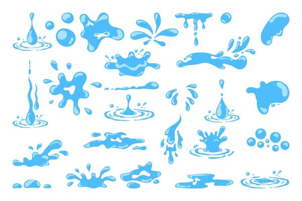 Cartoon blue dripping water drops, splashes, sprays and tears. Liquid flow, wave, stream and puddles. Nature water motion shapes set. Illustration of rain water drop, liquid splash