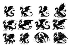 et of twelve unique monochrome dragons, perfect for mythical themes and fantasy artwork. Intricate details in each design. vector