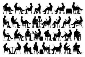 Diverse silhouettes of people sitting, working, and socializing, ideal for business, community, and office themes. Perfect for illustrating teamwork, meetings, and modern work environments. vector
