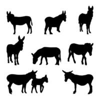 Set of eight diverse donkey silhouettes perfect for creative projects, educational materials, and graphic designs. Ideal for adding a rustic touch to your artwork or presentations. vector