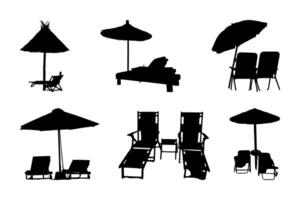 Silhouette set of beach umbrellas, sun loungers, and chairs for vacation designs. Perfect for summer, seaside, and relaxation themes. vector