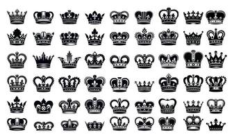 Assorted elegant crown icons set, perfect for royal-themed designs. Ideal for logos, badges, and emblems. vector
