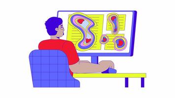 Eye tracking heatmap cartoon animation. Neuromarketing technique 4K motion graphic. Arab man consumer looking on computer screen heat map animated 2D character isolated on white background video