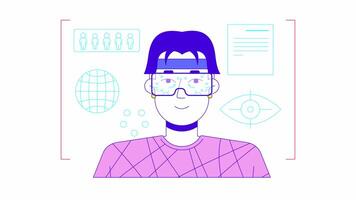 VR data analytics cartoon animation. Data analysis in virtual reality 4K motion graphic. Future technology. Augmented reality headset man asian animated 2D character isolated on white background video