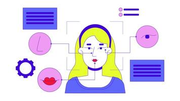 Facial coding technology 2D animation. Face biometrics security 4K motion graphic. Identifying nose, mouth, eyes of caucasian woman animated character cartoon flat concept, white background video