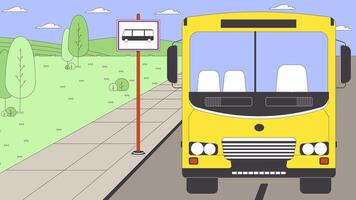 School bus pulled up to stop cartoon animation. Road sign busstop 4K motion graphic. Public transport rural. Bus route. Vehicle roadside 2D animated scene on hills trees landscape background video