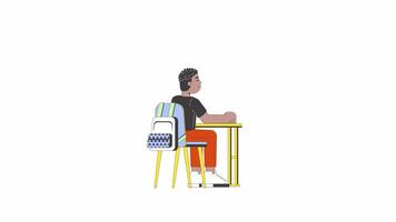 Studying concentrated black schoolboy at desk line 2D character animation. Class elementary student flat color cartoon 4K , alpha channel. African american boy animated person on white background video