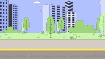 Highway city life cityscape cartoon animation. Downtown district skyscrapers 4K motion graphic. Empty road asphalt sidewalk 2D animated scene on trees highrise buildings skyline background video