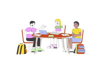 Diverse children discussing project line 2D characters animation. Pre-school classmates flat color cartoon 4K , alpha channel. Schoolchildren doing homework animated people on white background video