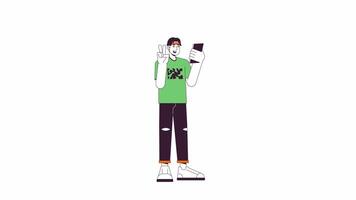 Korean man taking selfie with phone line 2D character animation. Generation z gadget user flat color cartoon 4K , alpha channel. Cellphone posing asian guy animated person on white background video