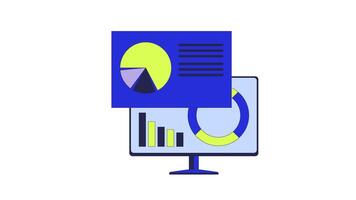 Computer analyzing data line 2D object animation. Piechart technology flat color cartoon 4K , alpha channel. Pie chart graph. Tech analytics desktop monitor animated item on white background video