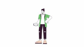Caucasian man typing mobile phone line 2D character animation. Generation z gadget user flat color cartoon 4K , alpha channel. European guy using smartphone animated person on white background video