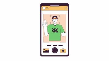 Taking selfie on smartphone screen 2D object animation. Photocamera mobile two fingers man flat color cartoon 4K , alpha channel. Phone with camera interface animated item on white background video