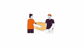 Caucasian man receiving parcel from courier delivery line 2D characters animation. Service flat color cartoon 4K , alpha channel. Asian postman, customer animated people on white background video