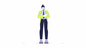 Satisfied employee caucasian man crossed arms line 2D character animation. Manager flat color cartoon 4K , alpha channel. Professional proud guy executive animated person on white background video